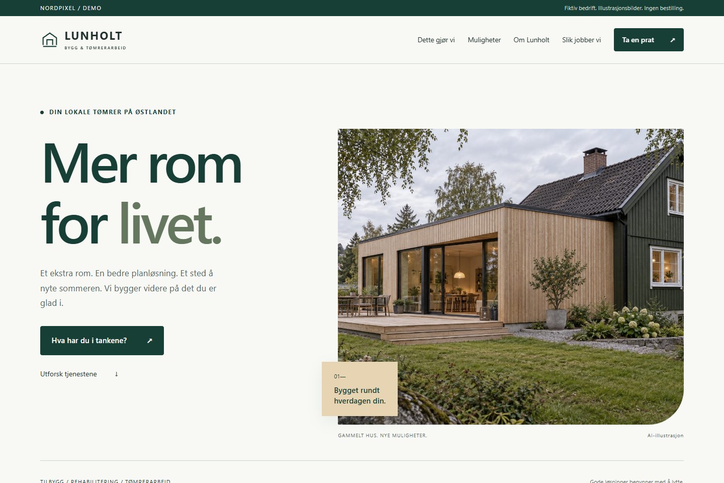 Lunholt Bygg – lys og grønn nettside med moderne tilbygg