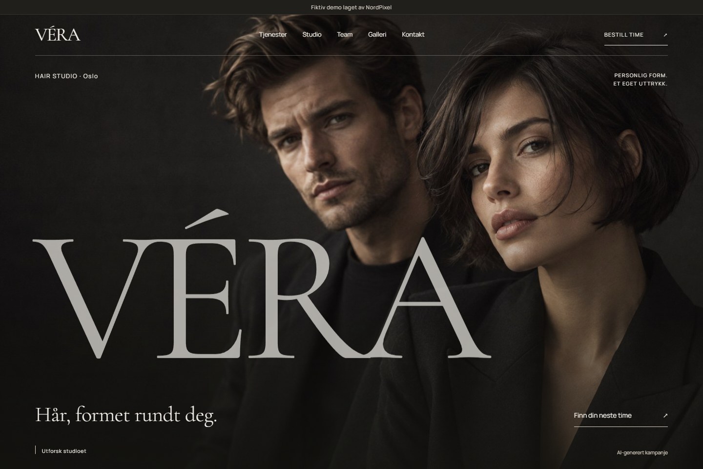 VÉRA Hair Studio – mørk frisørnettside med portretter og stor seriftypografi